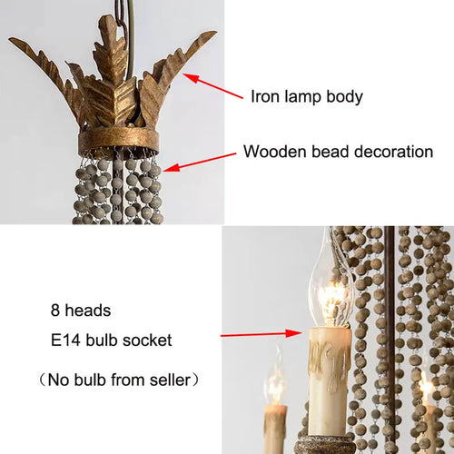 suspension rétro française en perles de bois style nordique - vue 5 sur 7