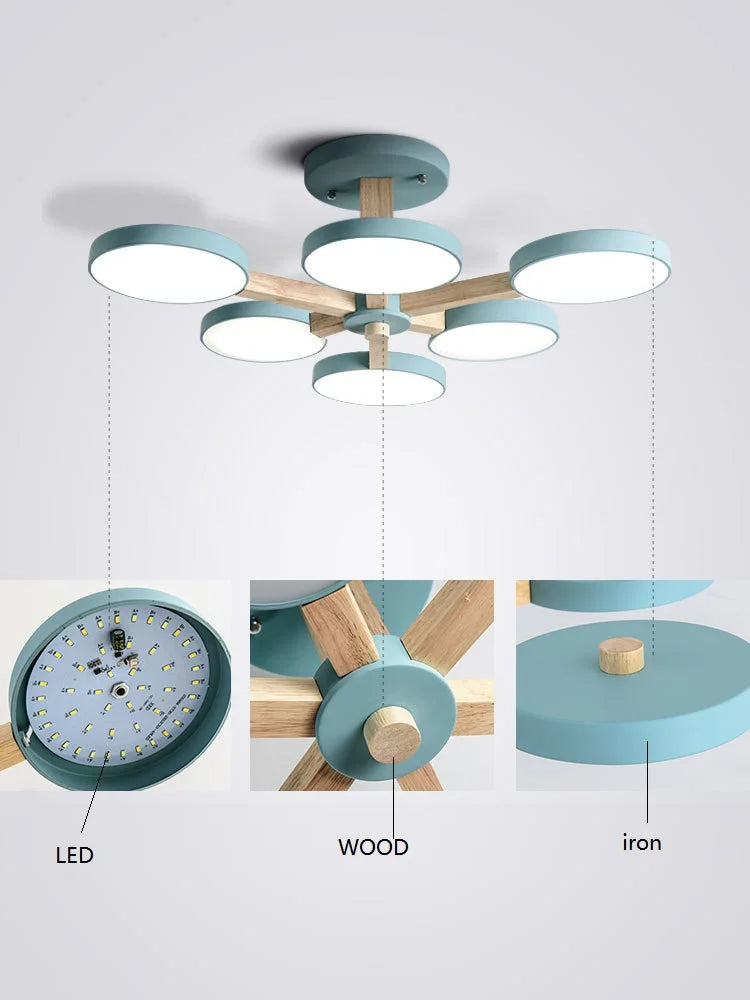 lustre moderne en bois avec luminaire led pour décoration maison - vue 5 sur 5