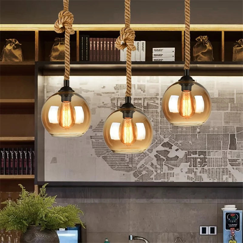 corde de chanvre avec boule de verre lumière led tissage à la main - vue 2 sur 11