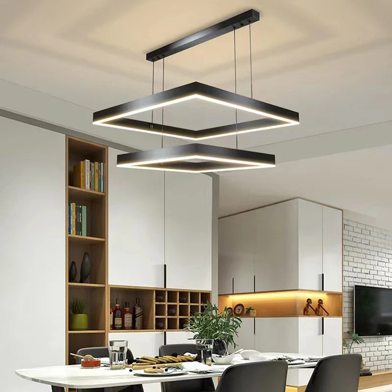 Lustre Led carré moderne pour salon salle à manger chambre cuisine noir Rectangle Led plafonnier suspension lampe - vue 3 sur 18