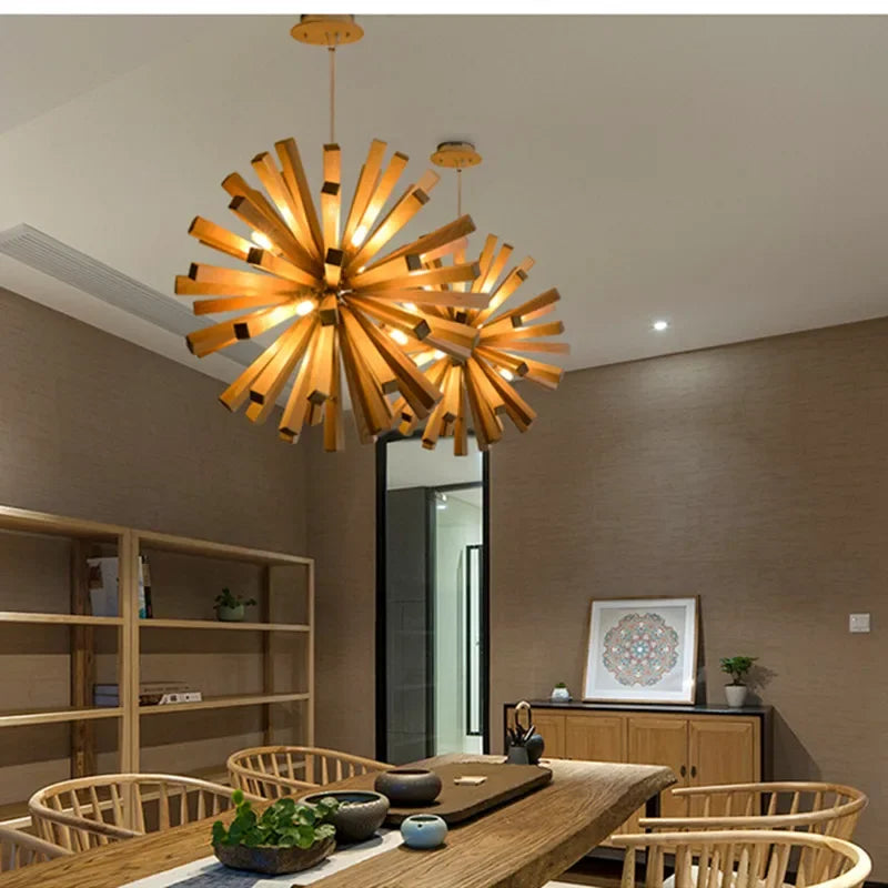 Nordic Dandelion Wooden Pendant Lights Art Creative new chinese Pendant Lamp tea room dining room living room Personality lamp - vue 1 sur 9