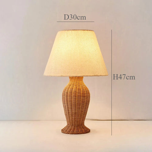 lampadaire en rotin avec abat-jour tissu et lumières led décoratives - vue 11 sur 11