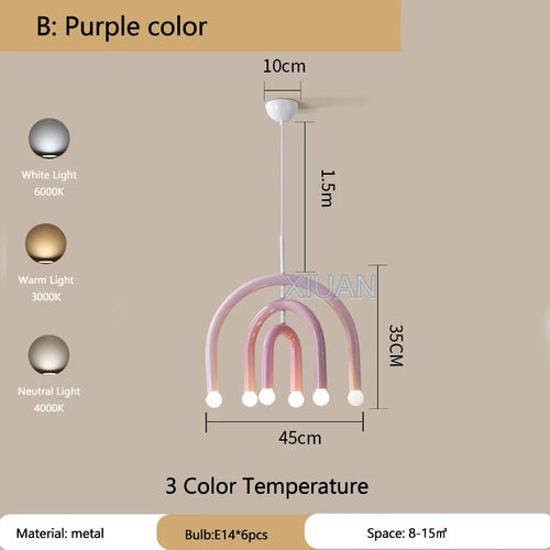 Creative Colorful Rainbow Pendant Lamps Iron E14 LED Bedroom Hanging Light Art Design Girl Kids Room Chandelier Lighting Indoor - vue 9 sur 8