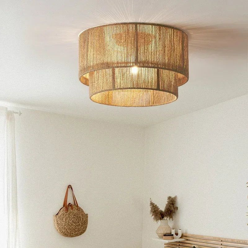 lustre rétro en rotin tissé pour décoration campagnarde chaleureuse - vue 4 sur 14