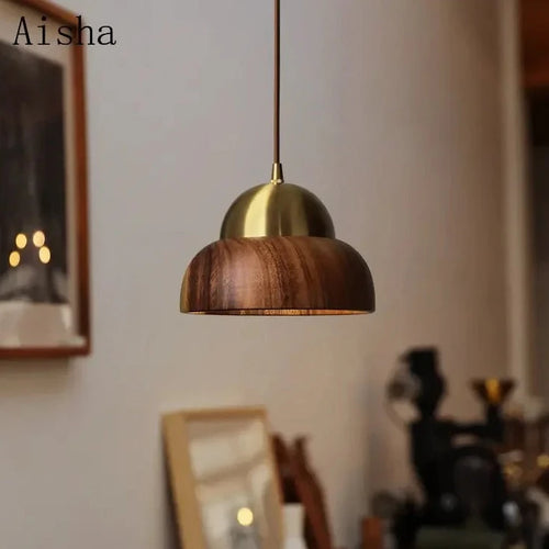 Wabi-sabi Suspension en bois de noyer chambre à coucher lampe suspendue pour la maison en laiton japonais chez l'habitant Nanyang lustre Vintage