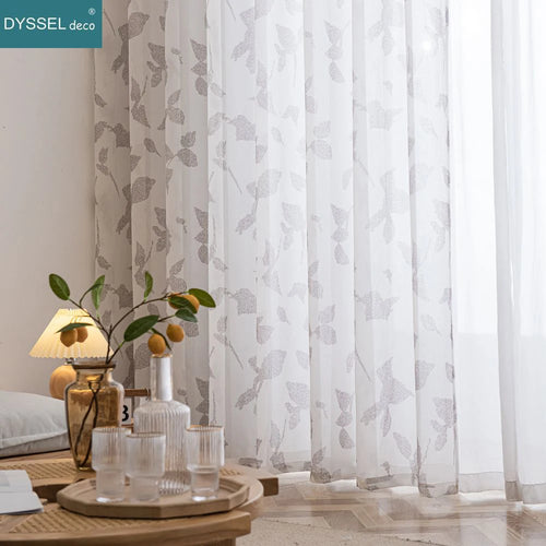 Voilage texture lin motif feuilles erable style champetre - vue 3 sur 6