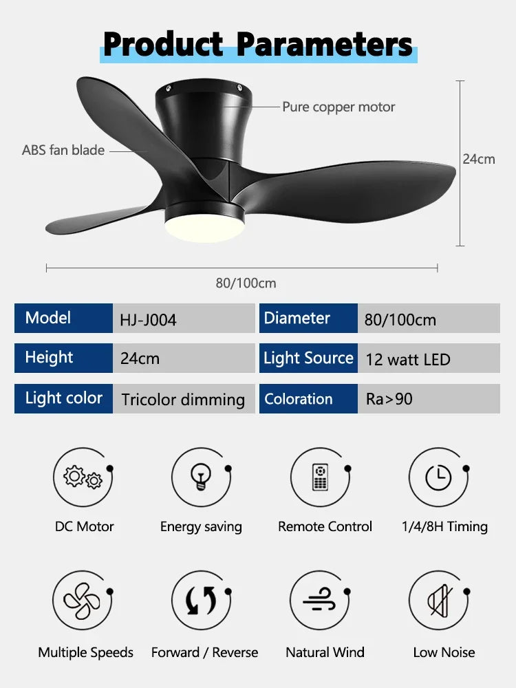 24CM Low Floor Loft Remote Control Lux&vitae Fan With Lights Modern Led Ceiling Fan Without Lights DC Motor 6 Speeds Timing Fans - vue 4 sur 11