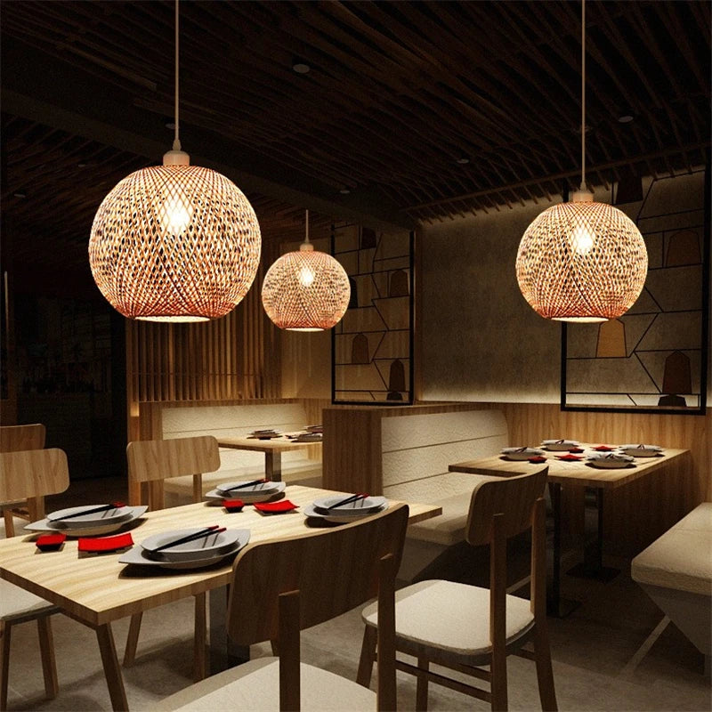 lustre moderne nordique en bambou tissé à la main led - vue 4 sur 10