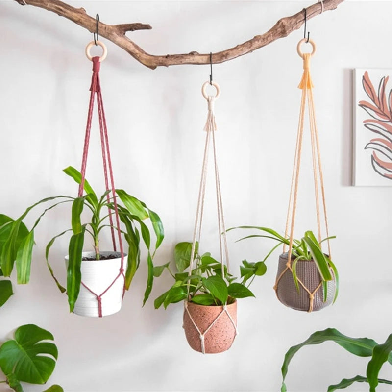 support de plante en macramé suspendu fait main en coton naturel - vue 4 sur 23