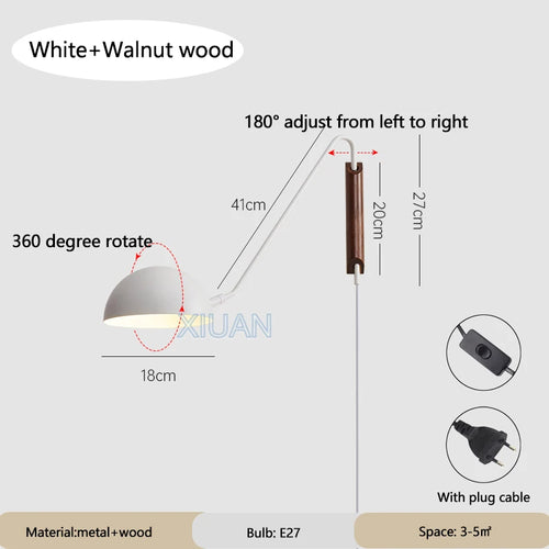 Nordic Bedroom Bedside Wall Lamps Plug In Wall Sconce Black White Iron Lampshade Swing Long Arms Wall Mounted Light E27 - vue 9 sur 14