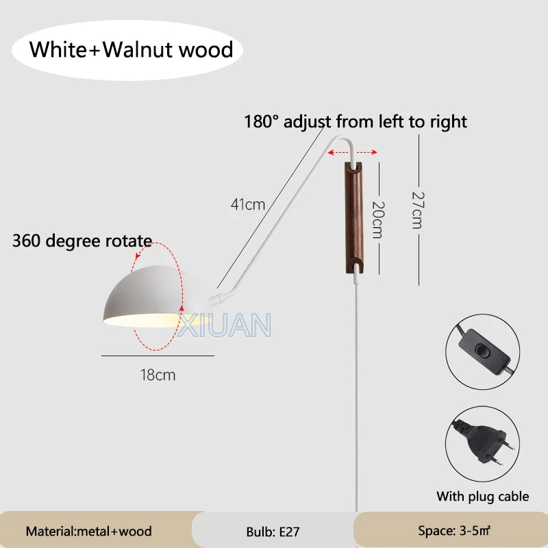 Nordic Bedroom Bedside Wall Lamps Plug In Wall Sconce Black White Iron Lampshade Swing Long Arms Wall Mounted Light E27 - vue 8 sur 14