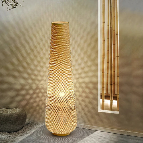 Lampadaire design osier bambou tissé style rétro - vue 3 sur 9