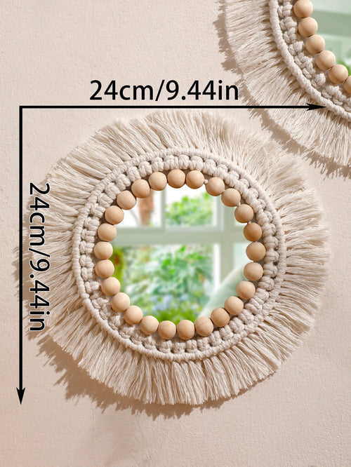 miroir suspendu en macramé décoratif avec pompons tissés - vue 12 sur 14