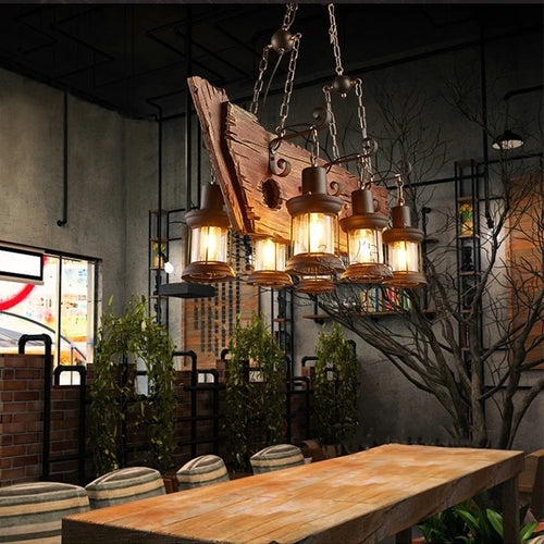 Lustre rétro en bois massif pour salle à manger Bar LOFT bois diverses formes Suspension décor intérieur Luminaire - vue 7 sur 24