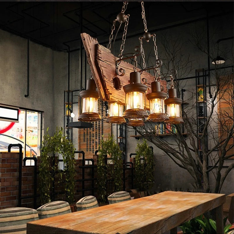 Lustre rétro en bois massif pour salle à manger Bar LOFT bois diverses formes Suspension décor intérieur Luminaire - vue 6 sur 24