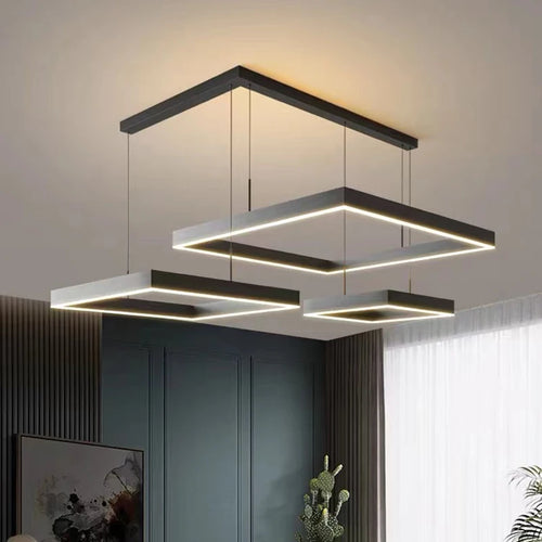 Lustre Led carré moderne pour salon salle à manger chambre cuisine noir Rectangle Led plafonnier suspension lampe - vue 4 sur 18