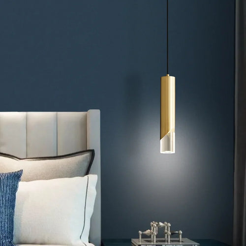 lustre led cylindrique minimaliste en fer et cristal clair - vue 2 sur 8