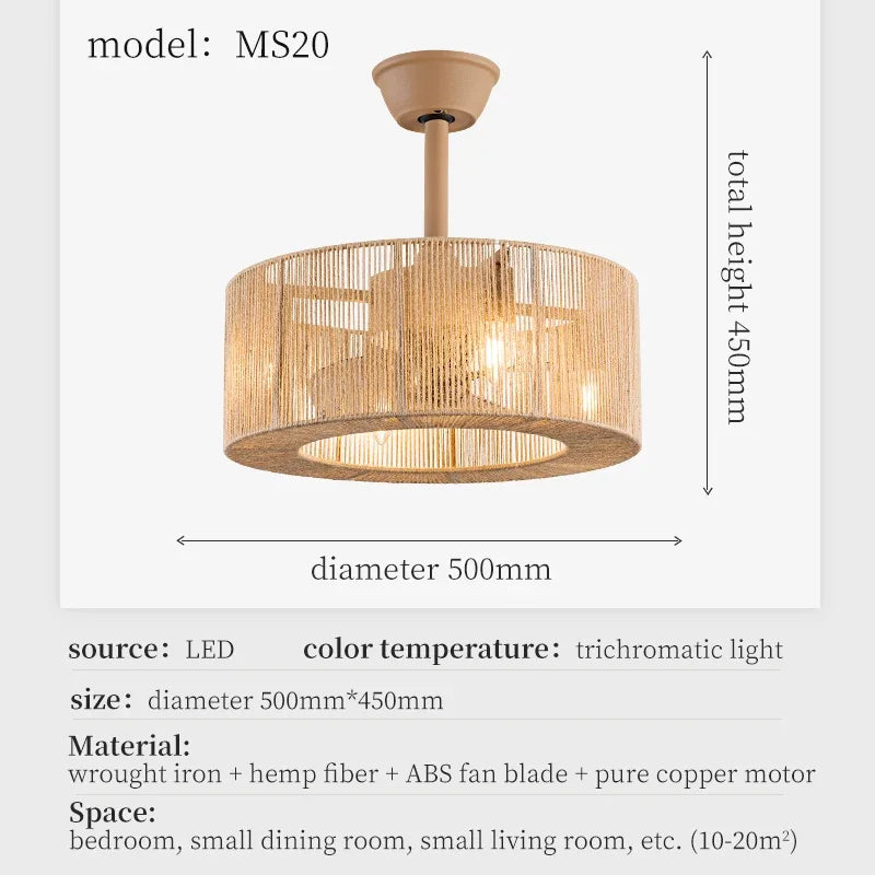plafonnier décoratif en corde tressée avec ventilateur et intensité variable - vue 5 sur 11