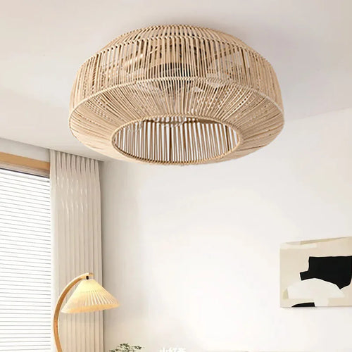Ventilateur de plafond avec lumière rétro fait à la main en rotin de bambou ventilateur invisible lumières moderne simple Wabi-Sabi lampe de ventilateur de plafond d'îlot de cuisine - vue 2 sur 7