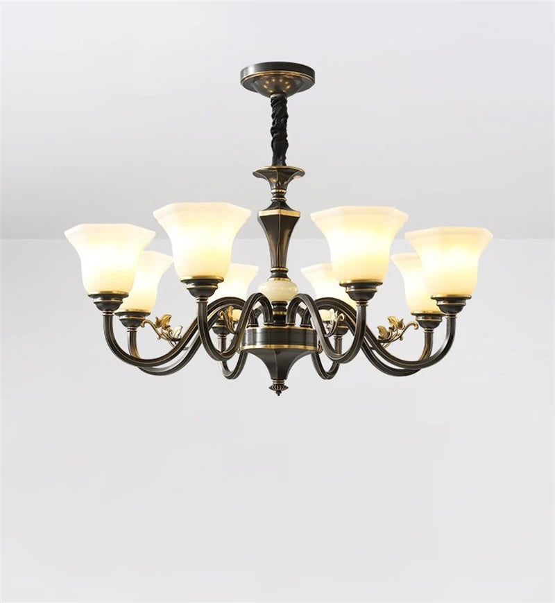 lustre vintage en cuivre avec abat-jour en verre dépoli - vue 6 sur 20