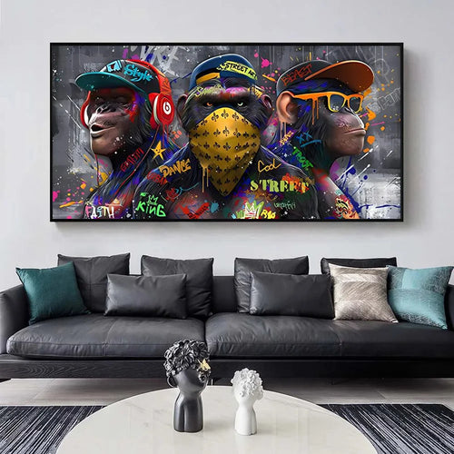 trois orangs-outans graffiti art mural décoration singe musique - vue 7 sur 7