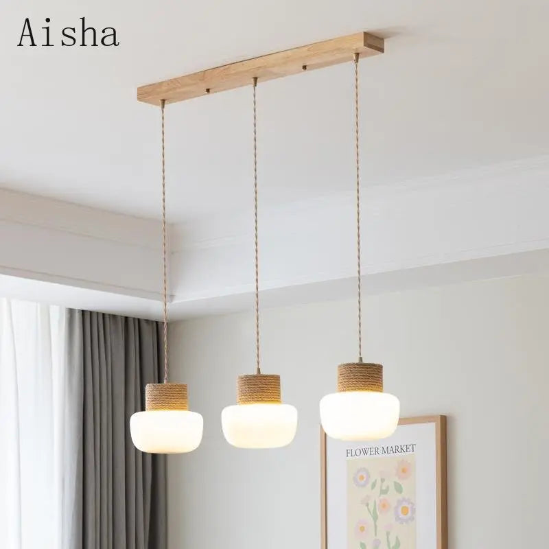 suspension wabi-sabi en verre blanc avec corde de chanvre - vue 3 sur 10