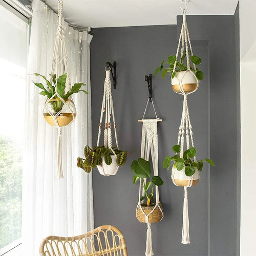 paniers suspendus en macramé pour plantes et décoration - vue 2 sur 19