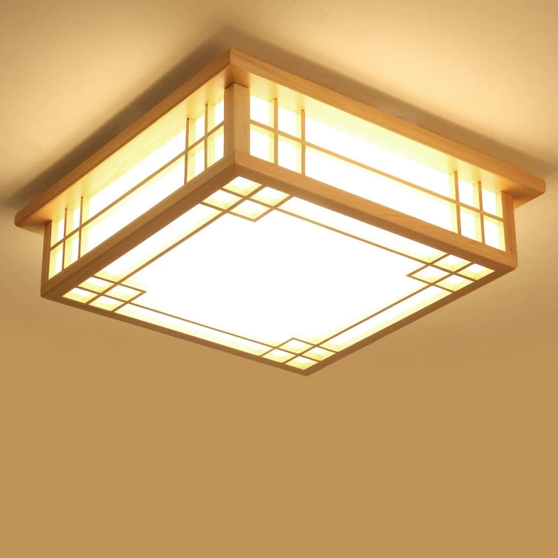 Plafonnier nordique en bois massif carré led décoratif - vue 3 sur 5