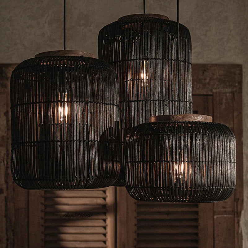 suspension Wabi-sabi lumières chinois rétro salle à manger salon restaurant décor chez l'habitant rotin - vue 5 sur 12