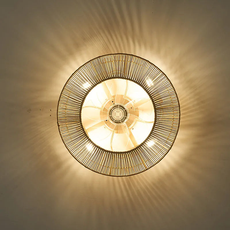 Ventilateur de plafond avec lumière rétro fait à la main en rotin de bambou ventilateur invisible lumières moderne simple Wabi-Sabi lampe de ventilateur de plafond d'îlot de cuisine - vue 6 sur 7