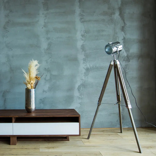 lampe de sol industrielle en bois avec trépied vintage à charnière - vue 5 sur 9