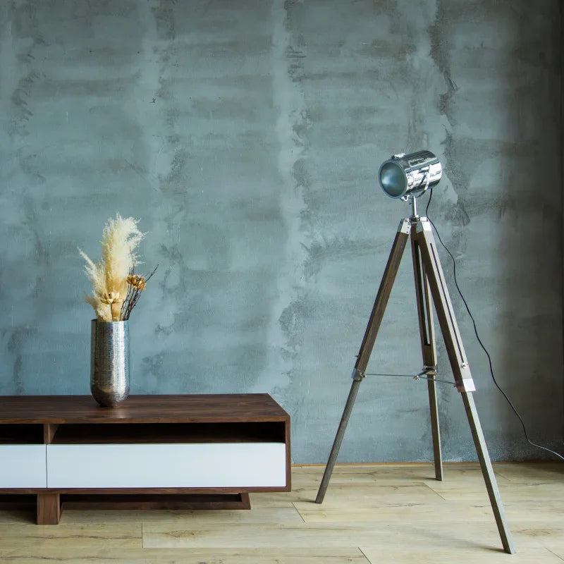 lampe de sol industrielle en bois avec trépied vintage à charnière - vue 4 sur 9