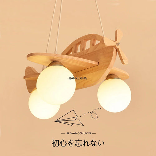 lustre avion en bois led pour chambre d'enfant moderne - vue 3 sur 7
