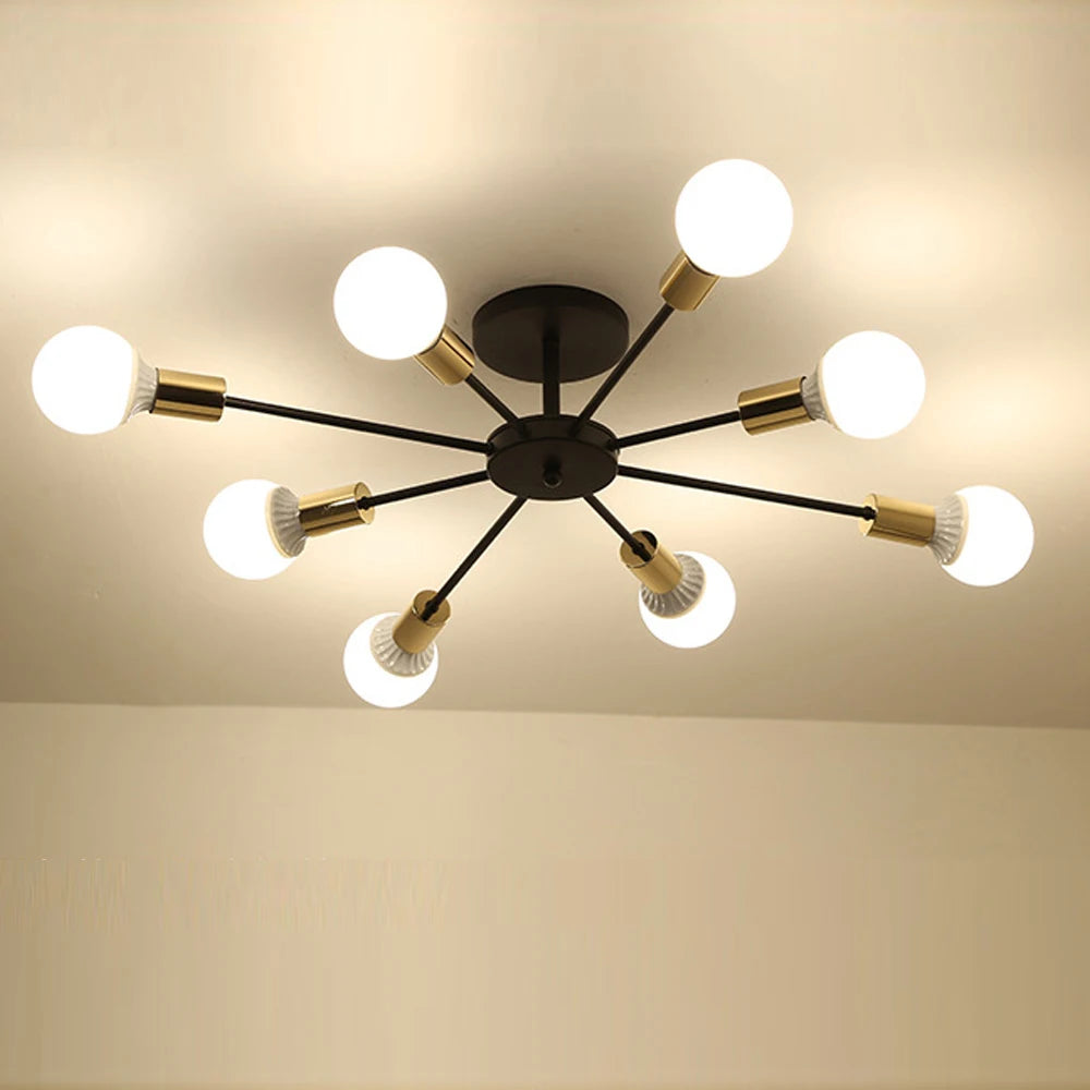 lustre industriel moderne avec tiges multiples en fer et bois - vue 10 sur 16