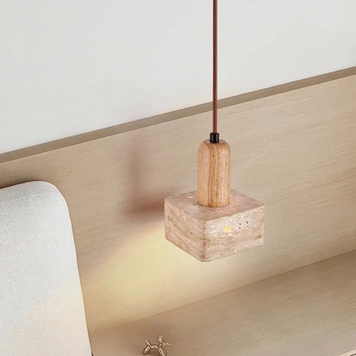Lampe suspension LED carré en pierre lustre chambre chevet Style crème en bois massif rétro lumière E27 ampoule pour salon maison Bar - vue 6 sur 7