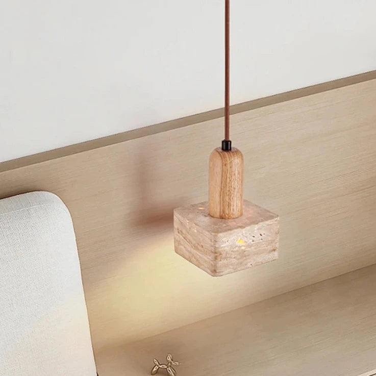 Lampe suspension LED carré en pierre lustre chambre chevet Style crème en bois massif rétro lumière E27 ampoule pour salon maison Bar - vue 5 sur 7
