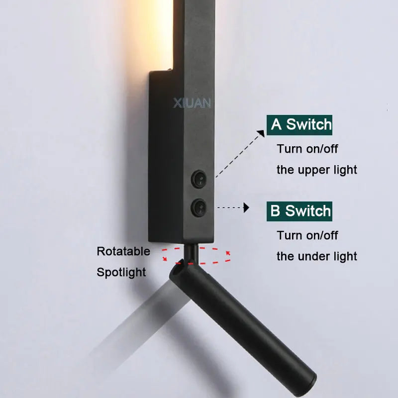 Modern Bedroom Living Room Wall Light ON/OFF Switch AC220V Black White Long Wall Lamps with LED Spotlights - vue 3 sur 18