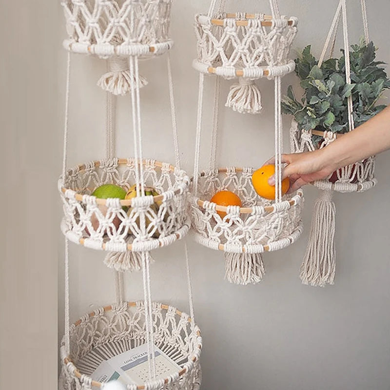 panier suspendu en macramé pour plantes et fruits décoratif - vue 4 sur 10