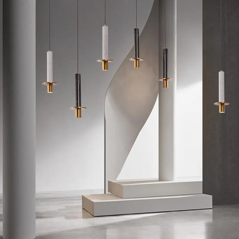 Lampe moderne Terrazzo lustre en marbre projecteur cylindrique suspension Restaurant réception marbre Led lustre trou pierre - vue 10 sur 13