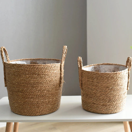 panier tissé à la main en paille pour plantes et linge - vue 4 sur 8