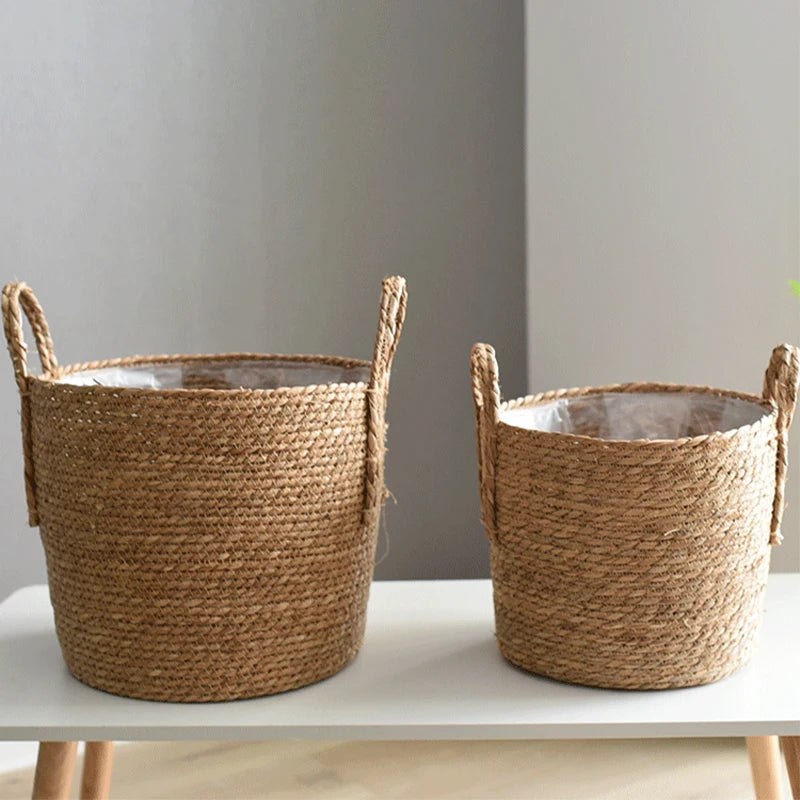 panier tissé à la main en paille pour plantes et linge - vue 4 sur 8