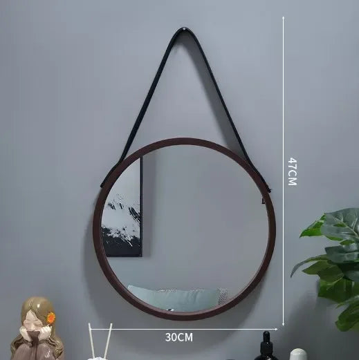 miroir mural rond avec bordure en bois épais - vue 6 sur 7