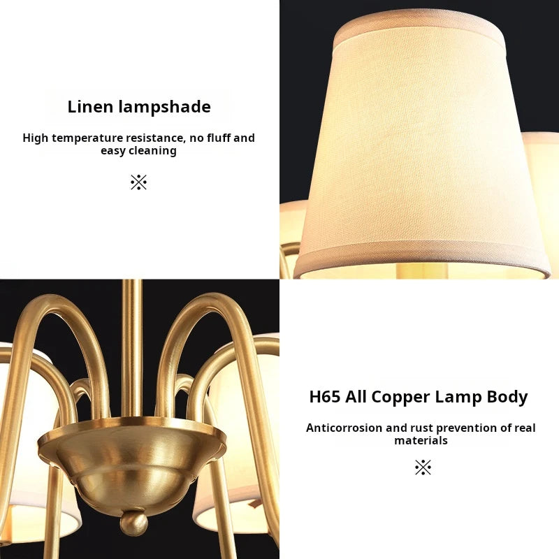 lustre américain rétro en cuivre avec led et tissu suspendu - vue 5 sur 11