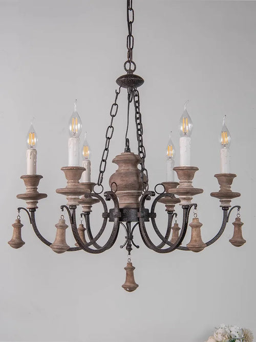 lustre rétro américain en bois massif à 6 têtes pour restaurant - vue 2 sur 7