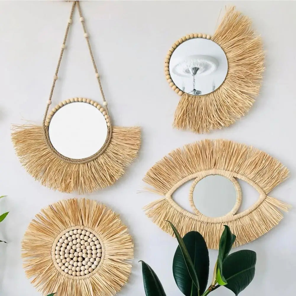 miroir suspendu en raphia et perles en bois décoratif multifonctions - vue 2 sur 11