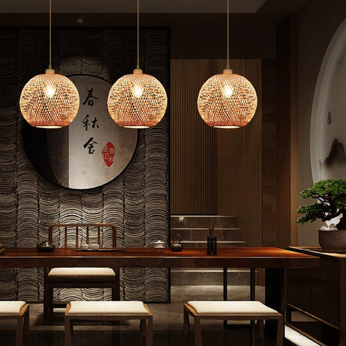 lustre moderne nordique en bambou tissé à la main led - vue 6 sur 10