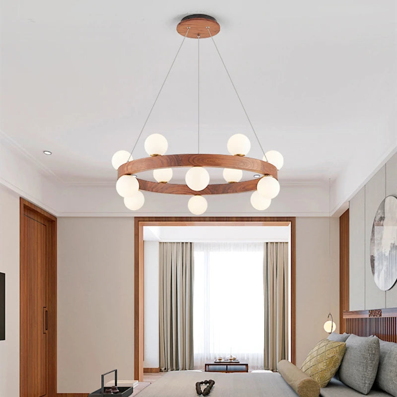 lustre rond en noyer avec ampoules en verre led moderne - vue 4 sur 9