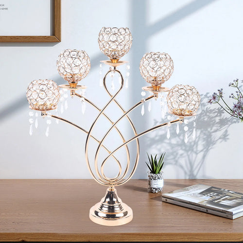 bougeoir en cristal doré à cinq bras pour décoration de mariage - vue 3 sur 7