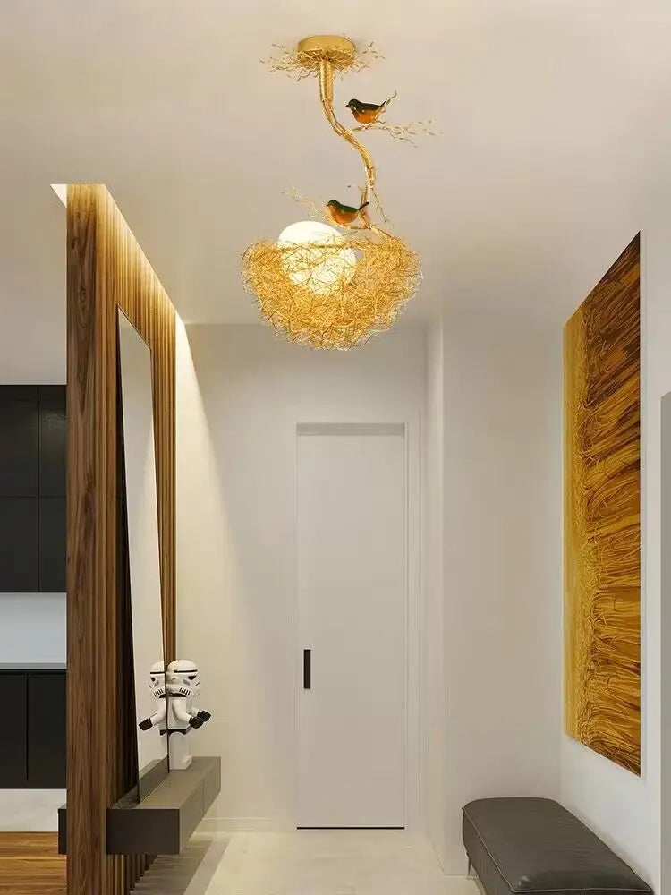 lustre led moderne en forme de nid d'oiseau avec boule de verre - vue 3 sur 14