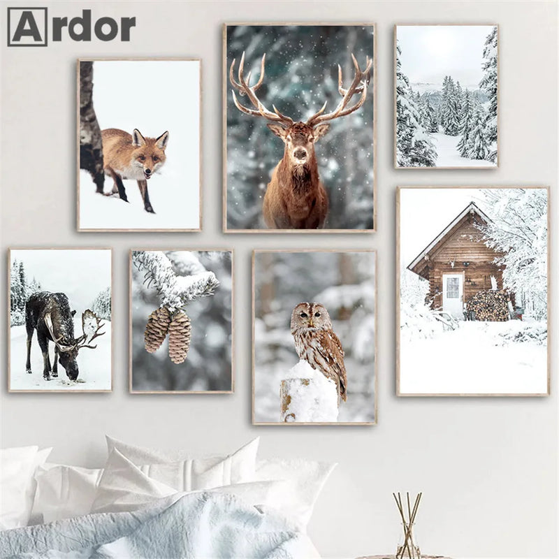 décoration murale forêt hivernale avec renard hibou et cerf